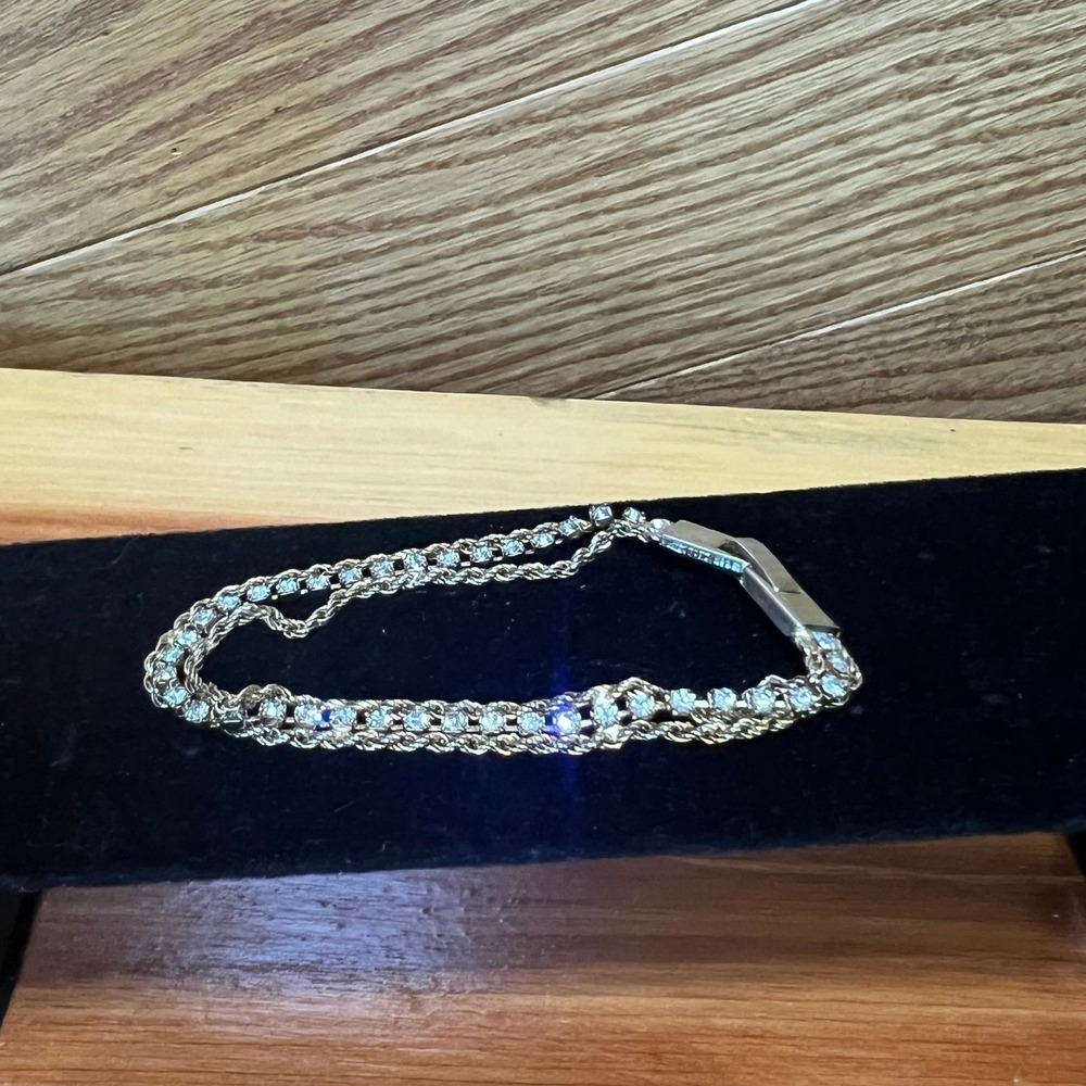 Vtg Double Row Tennis Bracelet‎ Clear Rhinestone Gold Tone Box Clasp MCM